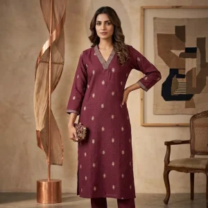 Women's Deep Maroon Silk Blend Kurti – Golden Thread Butti Work & Checkered V-Neck, Straight Fit